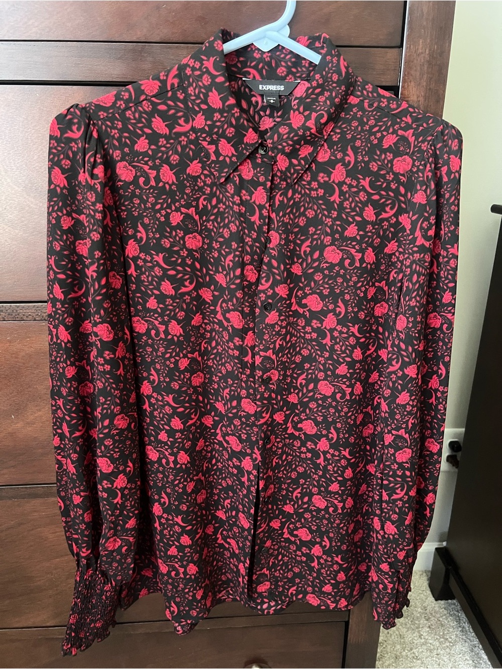 Express Black Blouse with Red Floral Print